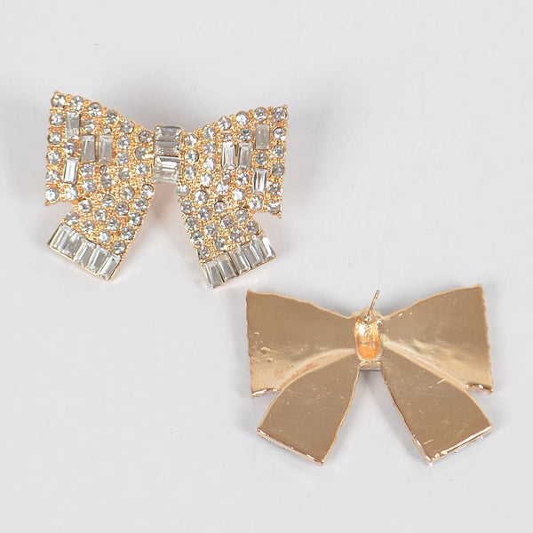 Ribbon Shape Rhinestone Earrings: Gold