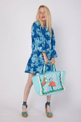 Penelope Navy Blue & Turquoise Cotton Dress: L