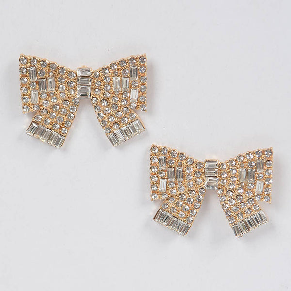 Ribbon Shape Rhinestone Earrings: Gold