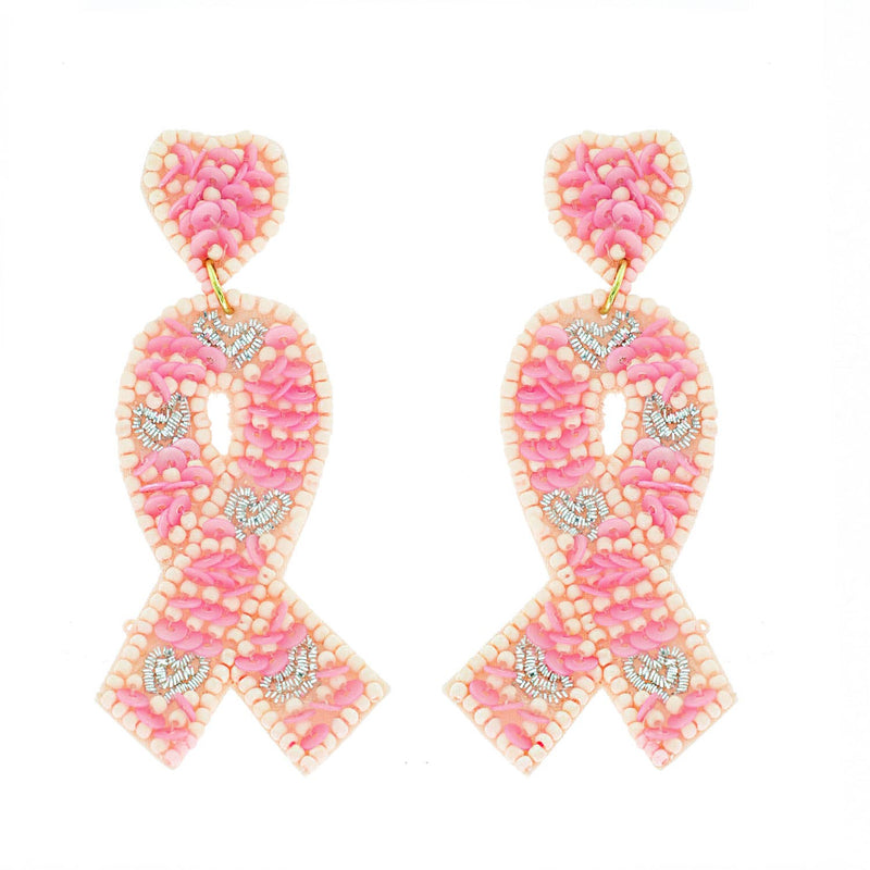 Beaded Breast Cancer Ribbon Dangle Earrings